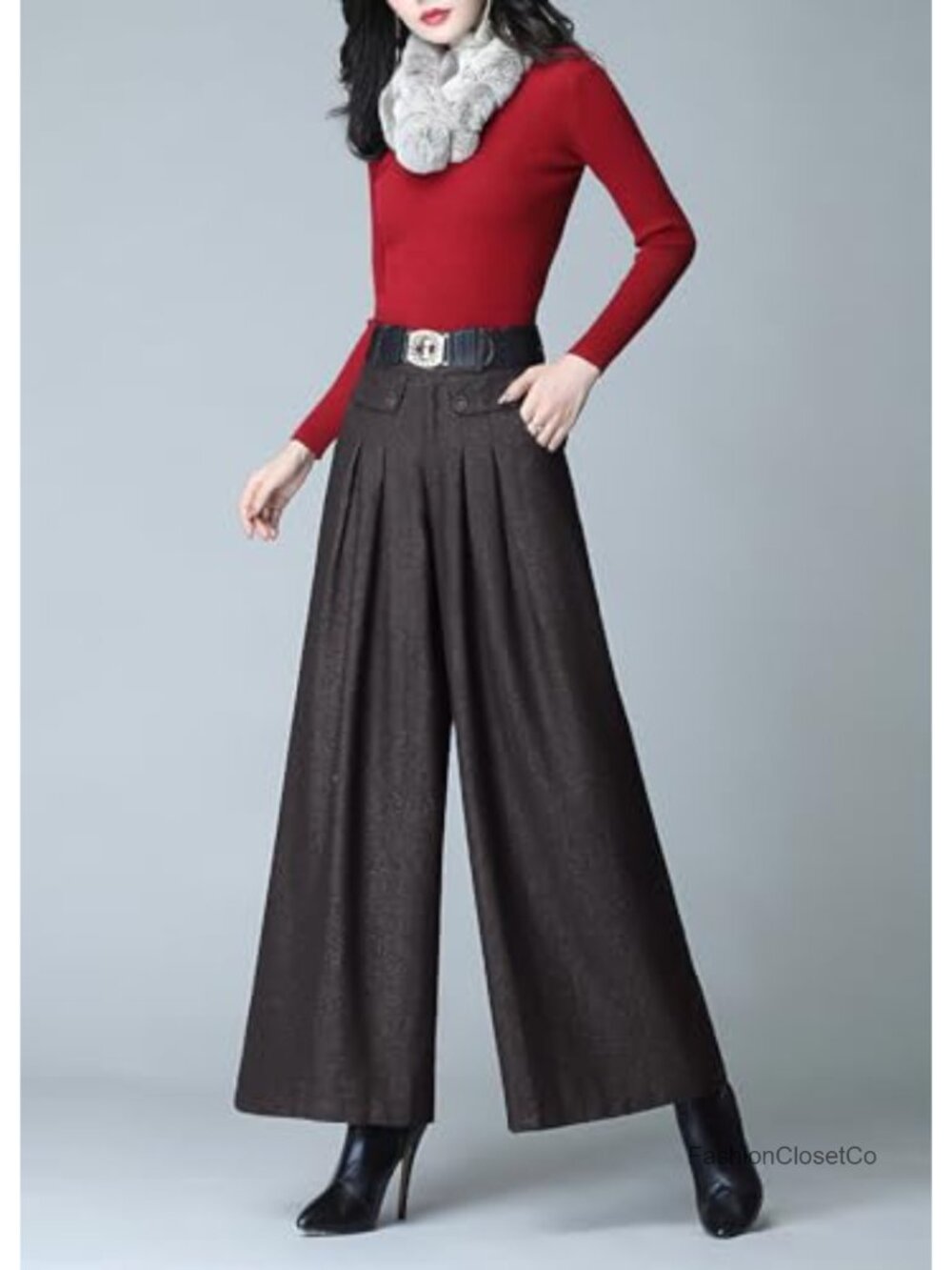 Women's Wool Blend Wide Leg Pleated High Rise Long Palazzo Trousers - Picture 2 of 3